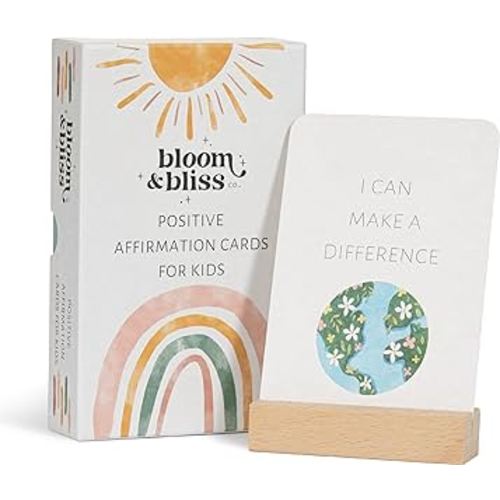 Positive Affirmations Cards for Kids - 50 Daily Inspirational Cards by Bloom and Bliss to Increase Confidence, Mindfulness, and Gratitude, Display Stand, Perfect for Teachers, Therapists, and Parents