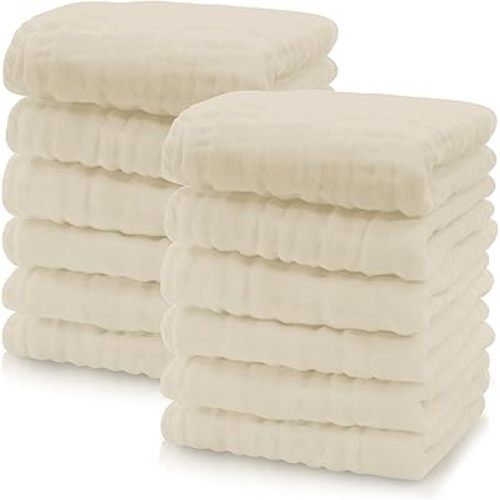 Cute Castle 12 Pack Muslin Baby Washcloths - Large 12'' by 12'' - Ultra Soft 100% Cotton - Super Absorbent Burp Cloths for Unisex, Boy, Girl -Ivory