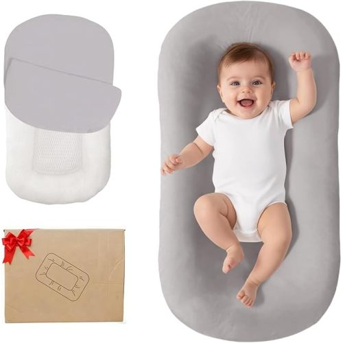 Baby Lounger, Bionic Design Baby Lounger for Newborn 0-24 Months, Soft Organic Cotton Breathable Lounger for Infants (Grey)