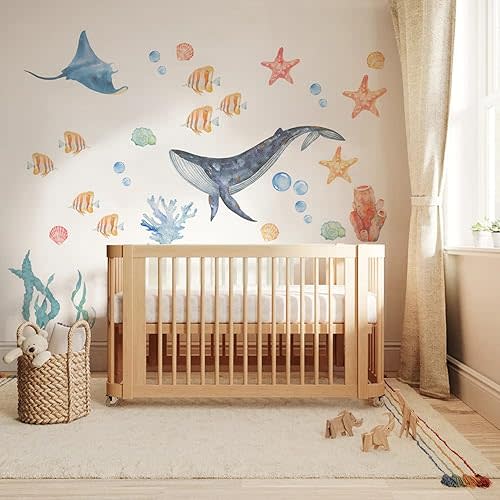 funlife Watercolor Wall Decals Peel and Stick, Ocean Animals Wall Stickers, Under The Sea Wall Decal Stickers for Kids Room Bedroom Playroom Nursery Room, Sea Animals 2