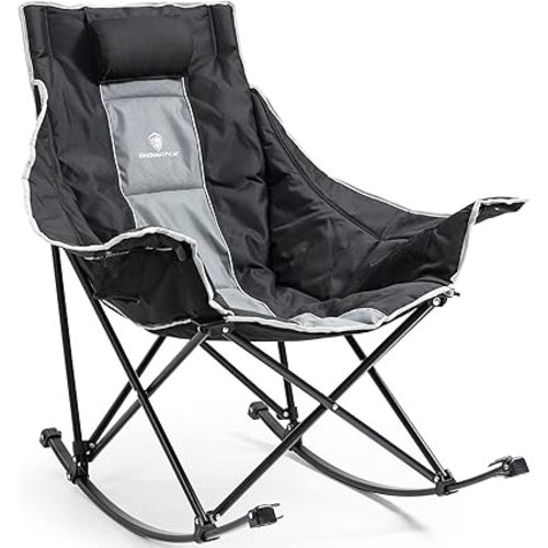 Dowinx Oversized Rocking Camping Chair, Fully Padded Patio Chair with Side Pocket and Carry Bag, High Back Portable Lawn Recliner with Headrest, Support 300 lbs, Grey