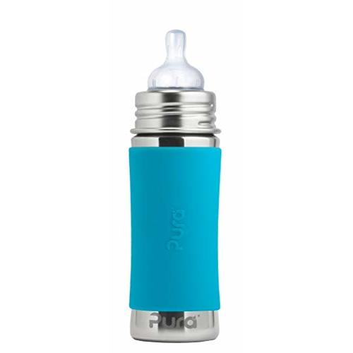 Pura Kiki 9oz/275ml Stainless Steel Infant Bottle w/Sleeve, Anti-Colic, 100% Plastic-Free, MadeSafe Certified, Medical-Grade Silicone, Medium-Flow Nipple, for Babies 3 Months & Up - Aqua
