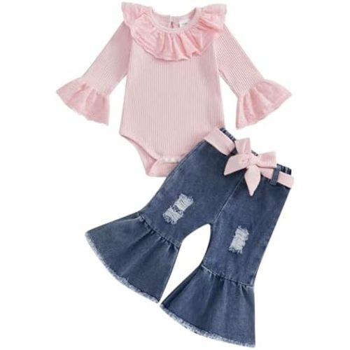 MAINESAKA Infant Baby Girl Denim Bell Bottom Outfit Long Sleeve Lace Ribbed Romper Flare Jeans With Bow Set Cute Boho Clothes