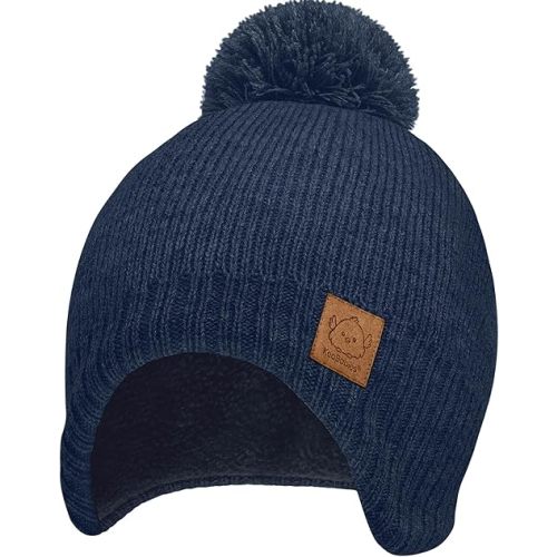 Baby Beanies, Baby Hats for Boys, Girls - Cute Toddler Winter Hat, Soft & Stretchy Beanies for Infant, Newborn 0-6 Months, Cozy & Warm with Earflap Muff & Pom (Navy, S)