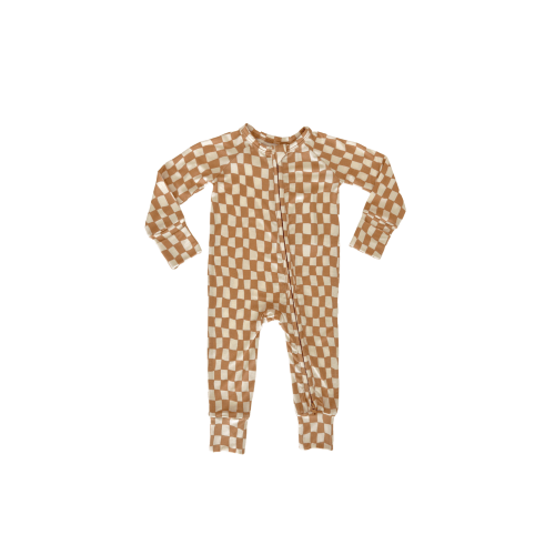 Taupe Wavy Checkered Zipper Romper | 9-12M