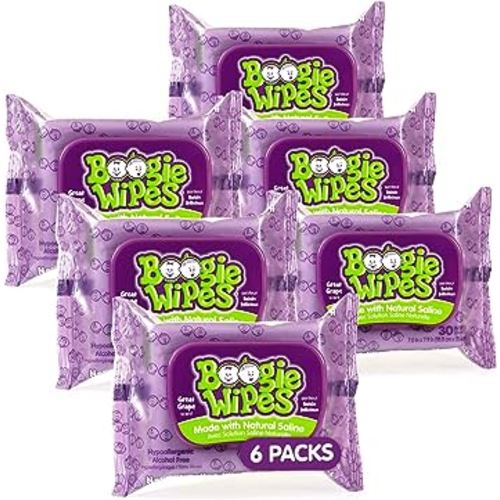 Baby Saline Wipes by Boogie for Face, Body & Nose, FSA/HSA Eligible, for Baby and Kids Made with Natural Saline, Grape Scent, 180 Count (Pack of 6)