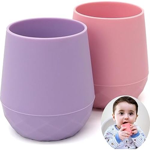 teensy peepsy Silicone Baby Cups for 4 Months+ | Tiny Transition Cup 6-12 Months Baby Girl | Training Cup for Baby Led Weaning Supplies, Set of 2 Drinking Cups 2oz (Lilac Blush)