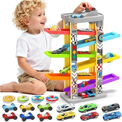 aotipol Montessori Toys for 2 3 Year Old Boy Girl, Car Ramp Toy Includes 12 Cars & 4 Spinning Tops, Race Car Track Toddler Toys for Age 2-4, Baby Boy Girl Kid Birthday Gift for 18+ Month, Hollow Track