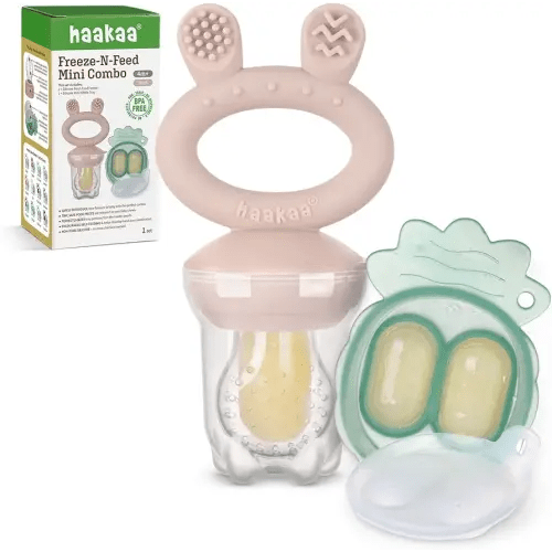 Haakaa Baby Fruit Food Feeder & Mini Freezer Nibble Tray Combo, Breastmilk Popsicle Molds for Baby Cooling Relief, BPA Free Silicone Feeder for Safe Infant Self Feeding, 4 Month+ (Blush)