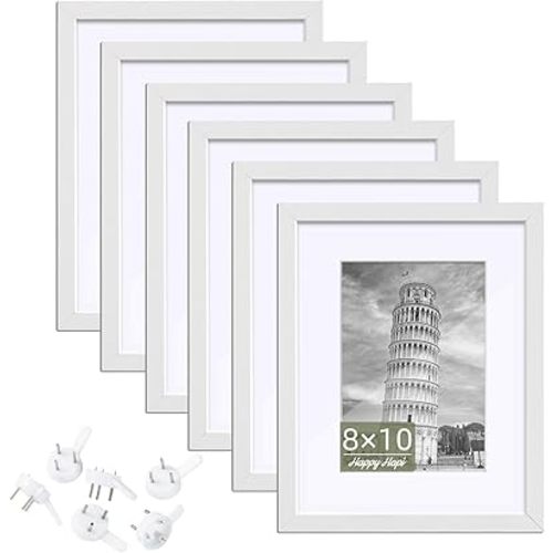HappyHapi 8x10 Picture Frame Set of 6, 8x10 White Picture Frame Display Pictures 5x7 with Mat or 8x10 Without Mat. Wall Hanging Photo Frame or Tabletop Display Gallery Frame (White)