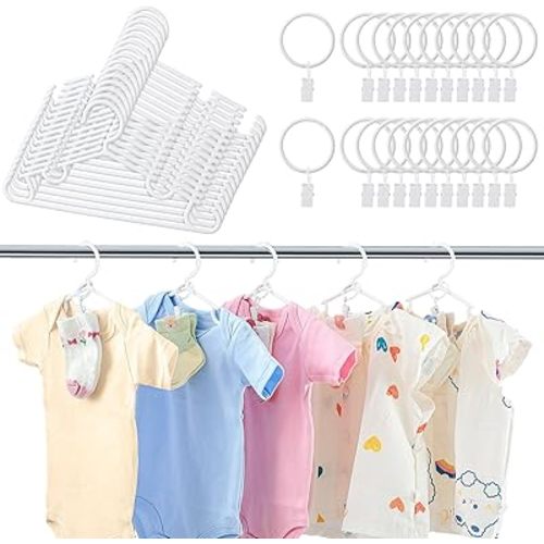 Hsei 30 Packs Nursery Baby Hangers with Ring Clips, Toddler Hangers, Kids Plastic Clothes Hanger for Infant Children Pants Closet Coat Skirts Socks(White)