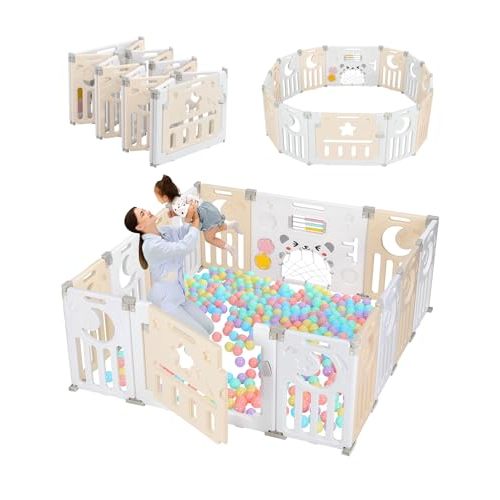 Dripex Baby Playpen, Foldable Playpen for Babies and Toddlers, Adjustable Shape Baby Fence, Safety Play Yard with Gate, Portable Play Area for Indoor or Outdoor (Cream Yellow+White,14 Panel)