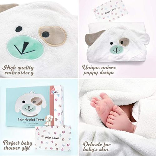 FOREVERPURE Baby Towels with Hood Baby Towel Baby Bath Towels Hooded Baby Gift X-Large Organic Bamboo Cotton Hooded Baby Towels and Washcloths Boy and Girl Ultra Soft Baby Dog White 35 x 35 inches - White Puppy