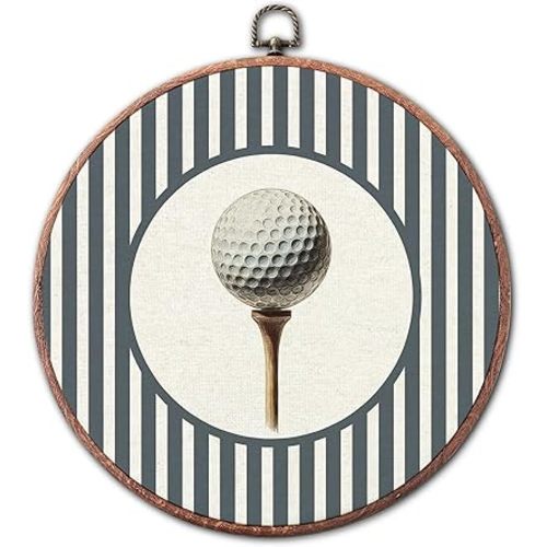 Jinhaichen Vintage Golf Nursery Round Wall Art Framed, Golfing Gifts Round Wall Decor, Grey Striped Golf Ball Sports Hanging Decor for Kids Nursery Room Bedroom Playroom Sport Room, 10x10 Inch