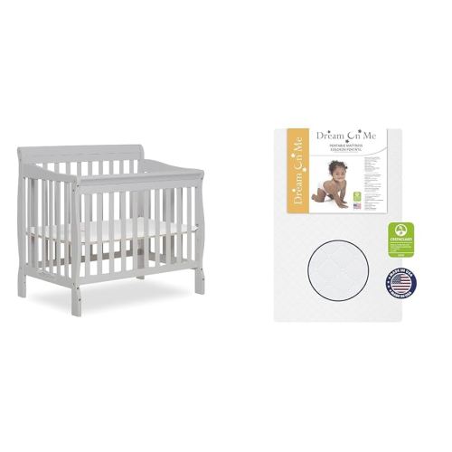 Dream On Me Aden 4-in-1 Convertible Mini Crib in Grey, Greenguard Gold Certified & Sunset 3” Extra Firm Fiber Crib Mattress, Greenguard Gold Certified, Waterproof Vinyl Cover, Baby Mattresses