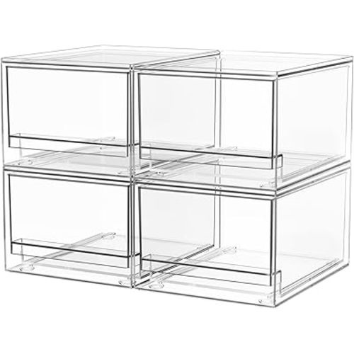 A-LuGei 【𝟰𝗣𝗖𝗦】 Acrylic Stackable Drawers, 7.5" L Makeup Organizer, Bathroom Organizer and Storage, Plastic Storage Bins for Kitchen Cabinet Pantry Medicine Fridge