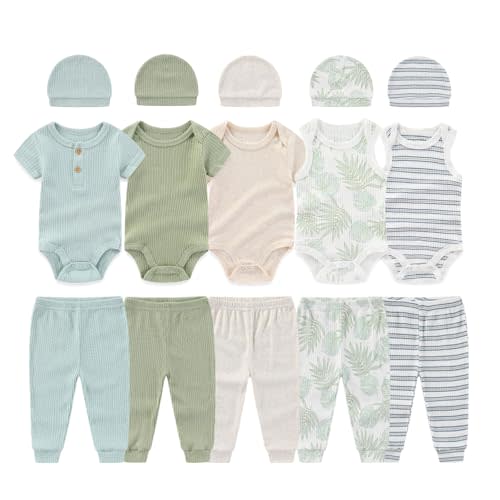 0-12 Months Unisex Baby Pants Sets New born Bodysuit and Hats 15 Pack Boy Girl Infant Comfort Outfit Clothes