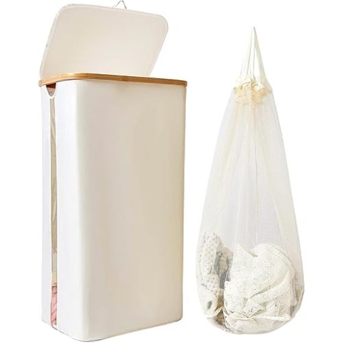 100L Laundry Basket with Lid, Clothes Hampers for Laundry with Bamboo Handles Large Foldable Laundry Hamper with Removable Inner Bag for Laundry Room, Bathroom, Bedroom and Dorm - Beige