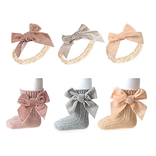 Baby Girl Socks and Headband Gift Set, 3 Pack Cotton Ruffled Socks with Bow and Hairbands for Newborn Infant Toddlers (knitted thick)…