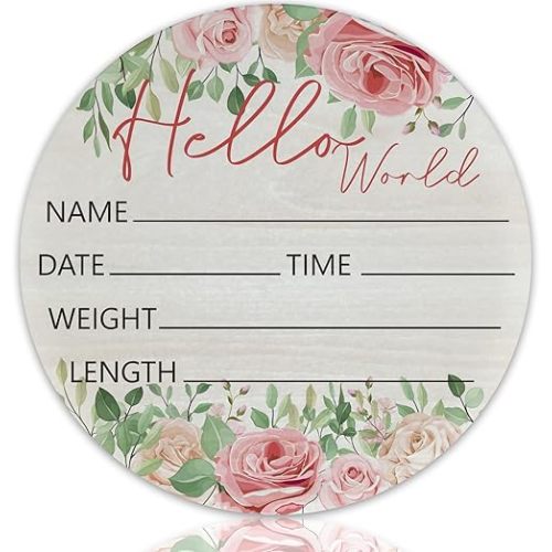 Hello World Pink Rose Theme Baby Name Sign Birth Announcement Plaque with Name Date Weight 6" Round Birch Wood Nursery Decor Newborn Hospital Keepsake Gift for Parents
