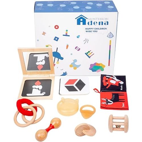 Montessori Play Kit for 0-6 Month Baby Tummy Time Interactive Toys Baby Brain Development Toys Rattle Montessori Toy Interlocking Rings Black, White Card Soft Book and Wooden Book Frame with Mirror - Play Kit for 0-6 Months