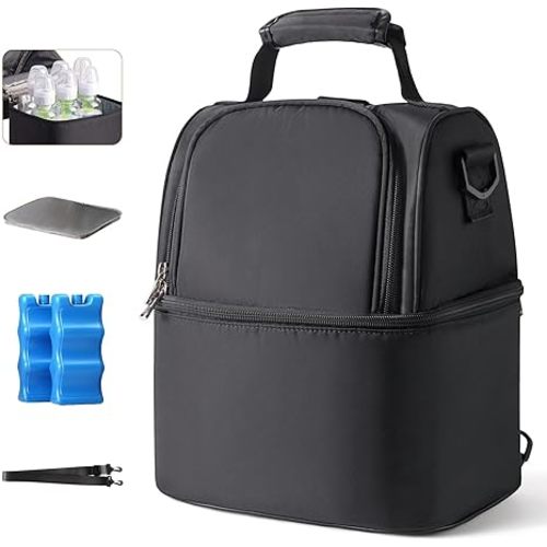 Breastmilk Cooler Bag with 2 Ice Pack, Breast Pump Bag with Cooler Fits 6 Bottles, Double Layer Breast Milk Travel Bag Baby Bottle, for Travel, Nursing Mom Daycare, Work, Picnic (Black)