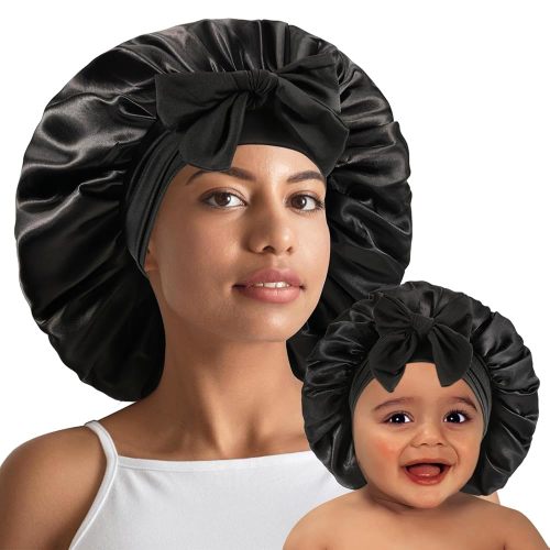 2 PCS Mommy and Me Bonnet Set, Silk and Satin Bonnets for Sleeping with Elastic Tie Band, Adjustable Hair Bonnets for Women, Girls, Kids and Toddlers (Black)