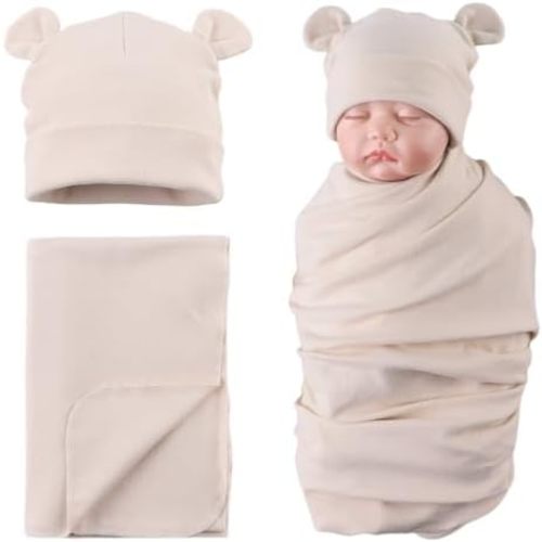 PESAAT Cotton Baby Swaddle Hat Set Newborn Infant Hats Receiving Blankets for Baby Boys Girls