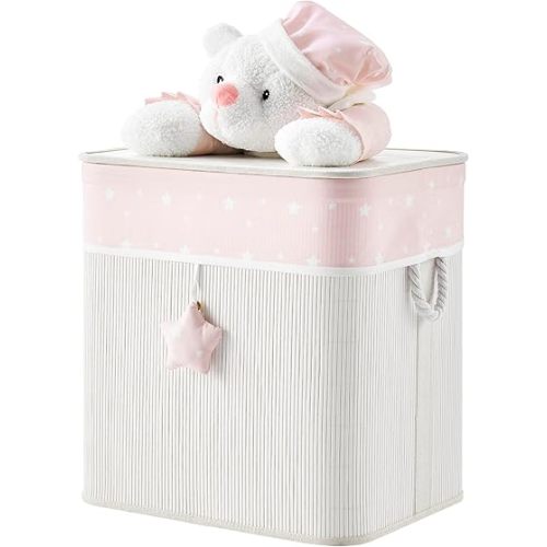 Pink/Cream Collapsible Folding Bamboo Kids Plush Laundry Hamper Toy Storage with Liner and Handles - Sleepy Teddy Bear