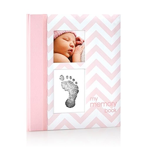 First 5 Years Chevron Baby Memory Book With Clean-Touch Baby Safe Ink Pad To Make Baby's Hand Or Footprint Included, Newborn Milestone And Pregnancy Journal, Pink - Pink Chevron Babybook