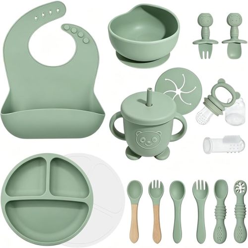 Silicone Baby Feeding Set 17 Pcs, Baby Led Weaning Supplies with Suction Plates & Bowls, Bib, Baby Utensils Spoons Forks, Sippy Cup, Fruit Feeder, Finger Brush, BPA-Free Eating Essentials (Green)