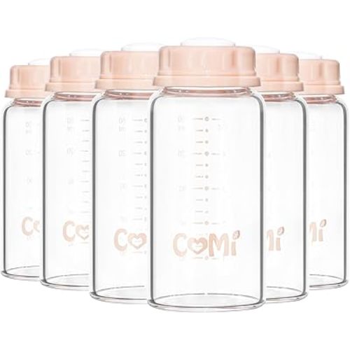 COMI Natural Glass Baby Bottle,Standard Neck Breastmilk Storage Bottle for Fridge,Breast Milk Container,Breast Pump Bottle Compatible with Medela Breast Pump,BPA Free,6PCS (5oz,6 Pink Lids)