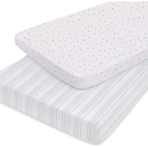 Ely’s & Co. Pack and Play Sheets, for Mini/Portable Crib, 2 Pack Fitted Playpen Play Yard Sheet Set Compatible with Graco Pack n Play, for Baby Boys, 100% Cotton, Blue Stars and Stripes, 38”x24”x5”