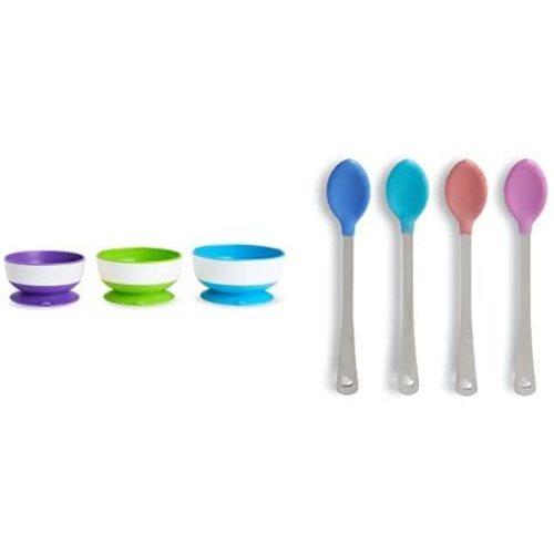 Munchkin Stay Put Suction Bowl, 3 Pack with White Hot Infant Spoons, 4 Pack