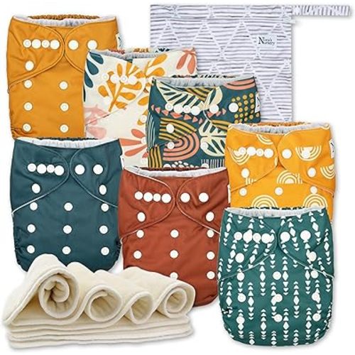 Nora's Nursery Cloth Diapers 7 Pack with 7 Inserts & 1 Wet Bag - Waterproof Cover, Washable, Reusable & One Size Adjustable Pocket Diapers for Newborns and Toddlers - The Keys