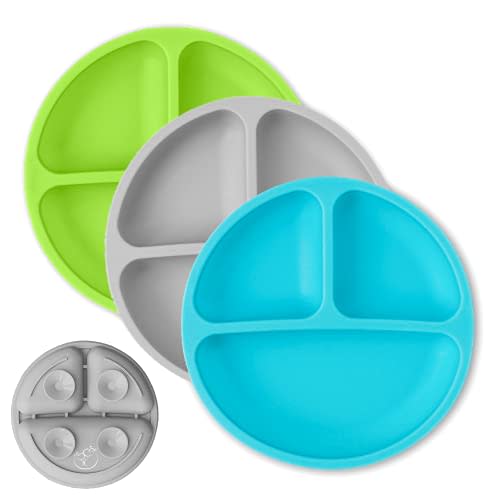 Hippypotamus Toddler Plates with Suction - 100% Food-Grade Silicone Baby Plates - Microwave & Dishwasher Safe - BPA Free - Set of 3 (Blue/Gray/Green)