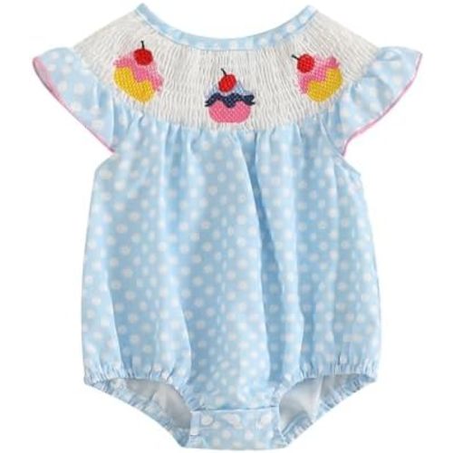 Muineobuka Newborn Baby Girl Summer Outfits Smocked Short Sleeve Bubble Romper Toddler Cute Embroidery Gingham Bodysuit