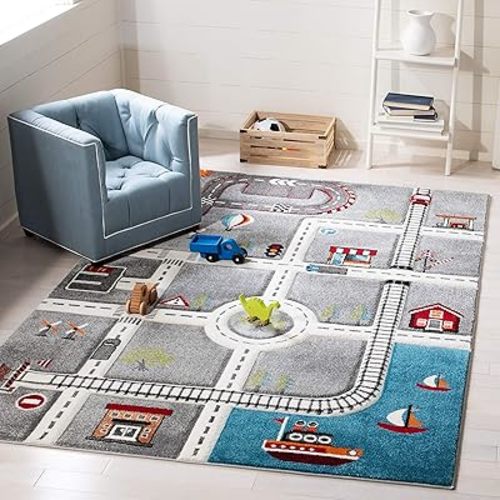 SAFAVIEH Carousel Kids Collection Accent Rug - 3'3" x 5'3", Grey & Ivory, Non-Shedding & Easy Care, Ideal for High Traffic Areas for Boys & Girls in Playroom, Nursery, Bedroom (CRK192F)