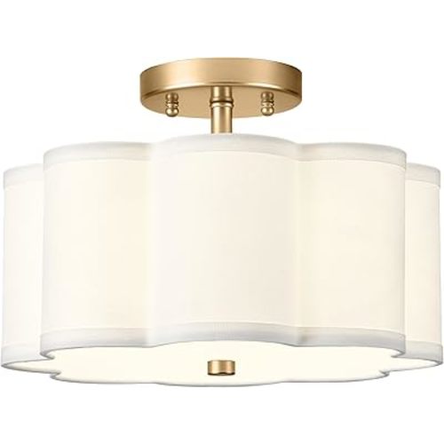 Gold Semi Flush Mount Ceiling Light, 3-Light 12.5" Ceiling Lighting Fixtures with Fabric Shade in Flower Shape, Farmhouse Brass Drum Lights for Nursery Hallway Bedroom, AD-22007-3SF-GD