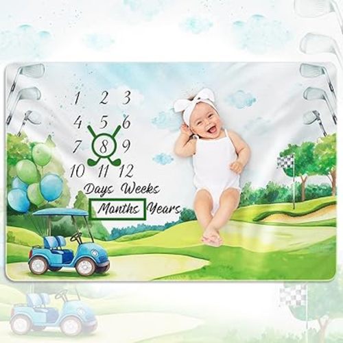 Nuanchu Baby Monthly Milestone Blanket Baby Girl Boy 60" x 40" Soft Fleece First 12 Months Growth Chart Newborn Photography Background Baby's First Year Milestone Blanket Nursery Decor(Golf)