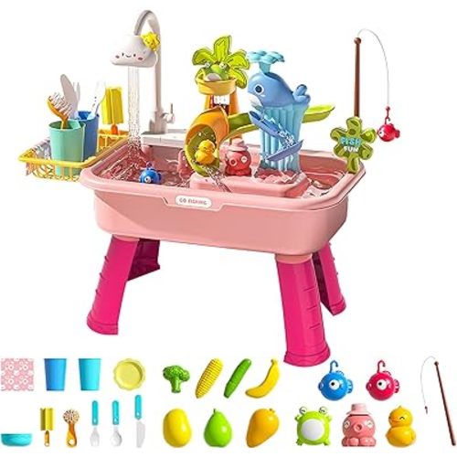 2026 Upgraded Toddler Sand Water Table Toy with Electric Water Pump, Kids Sand Water with Faucet/Play Food Accessories/Fishing Toy, Kitchen Play Sink Toys for Girl Boy Age 3+ (Pink)