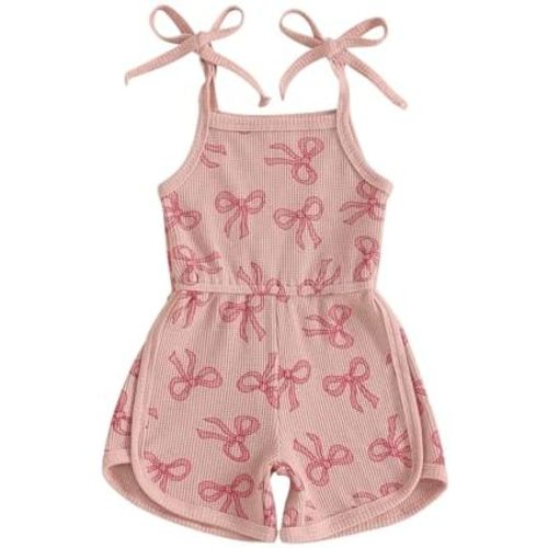Baby Girl Summer Jumpsuits Sleeveless Waffle Knit Bowknot Printed Tie Strap Overall Romper Toddler Little Girl Clothes