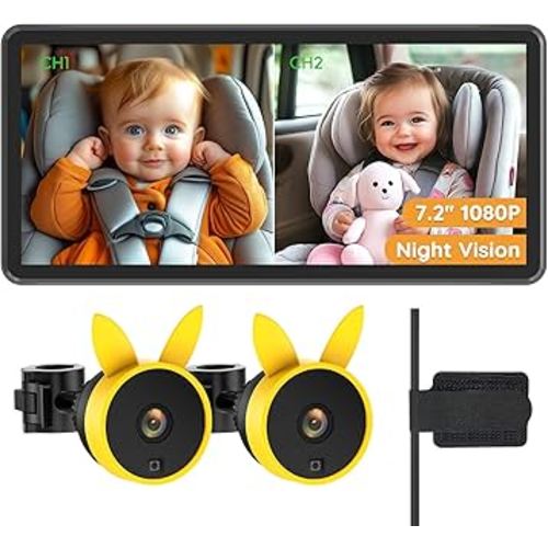 Baby Car Camera for 2 Kids - 7.2" Large HD Display Dual Channel Baby Monitor, Clear 1080P IR Night Vision Car Seat Camera, Easy Install & Secure Rear-Facing View