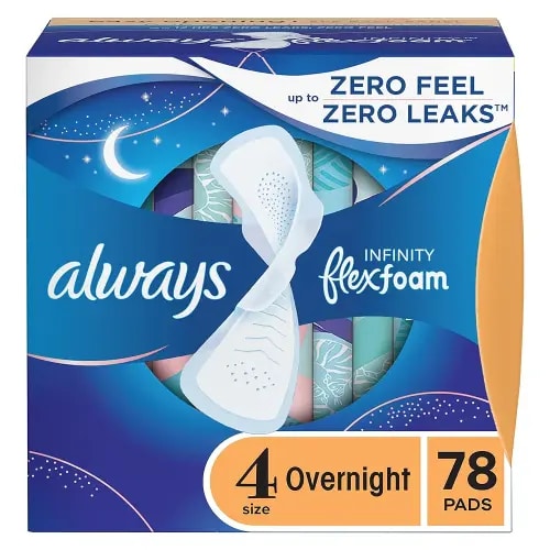 Always Infinity Feminine Pads for Women, Size 4 Overnight Absorbency, Multipack, with Flexfoam, with Wings, Unscented, 26 Count x 3 Packs (78 Count Total)