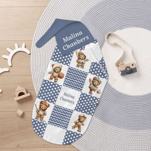 Personalized Sports Teddy Bear Polka Dot 100% Cotton Soft Swaddle Hat Set with Name Baby Shower Birthday Gift for Newborn New Parent - CALLIE