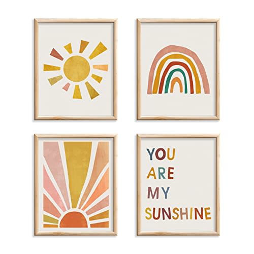 Boho Rainbow Nursery Art Set of 4 - You Are My Sunshine Wall Prints, Kids Room Decor