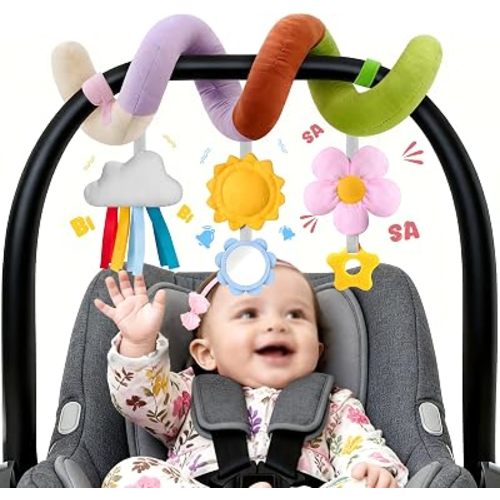 Stuffed Spiral Baby Car Seat Toys, Best Newborn Shower Gifts, Soft Infant Essentials Must Have Stroller Hanging Toys (Vibrant Nature)