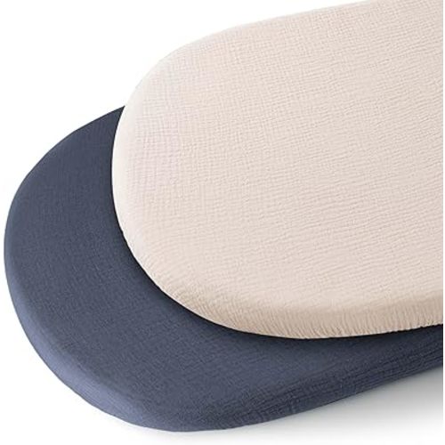 Konssy 2 Pack Muslin Bassinet Sheets for Baby Boy, 100% Cotton Soft Breathable Bassinet Mattress Sheets Fit for Hourglass Oval Cradle Rectangle Mattress (Navy,Cream)