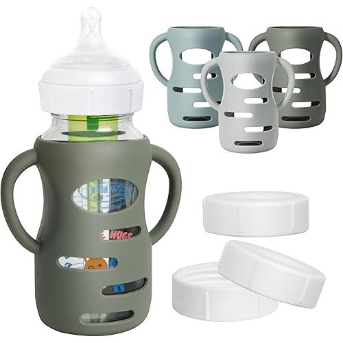 3 Pack Silicone Sleeves for Dr Brown Wide-Neck Glass Baby Bottles, Food GradeAnti Breakage Baby Bottle Holder with Handles and 3pcs Travel Bottle Caps