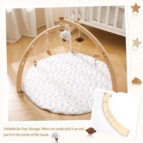 Wooden Baby Play Gym with Play Mat,Foldable Activity Center for Baby with 5 Hanging Sensory Toys,Infant Baby Play Gym with White Playmat for Newborn Baby Girls Baby Boys - Cloud